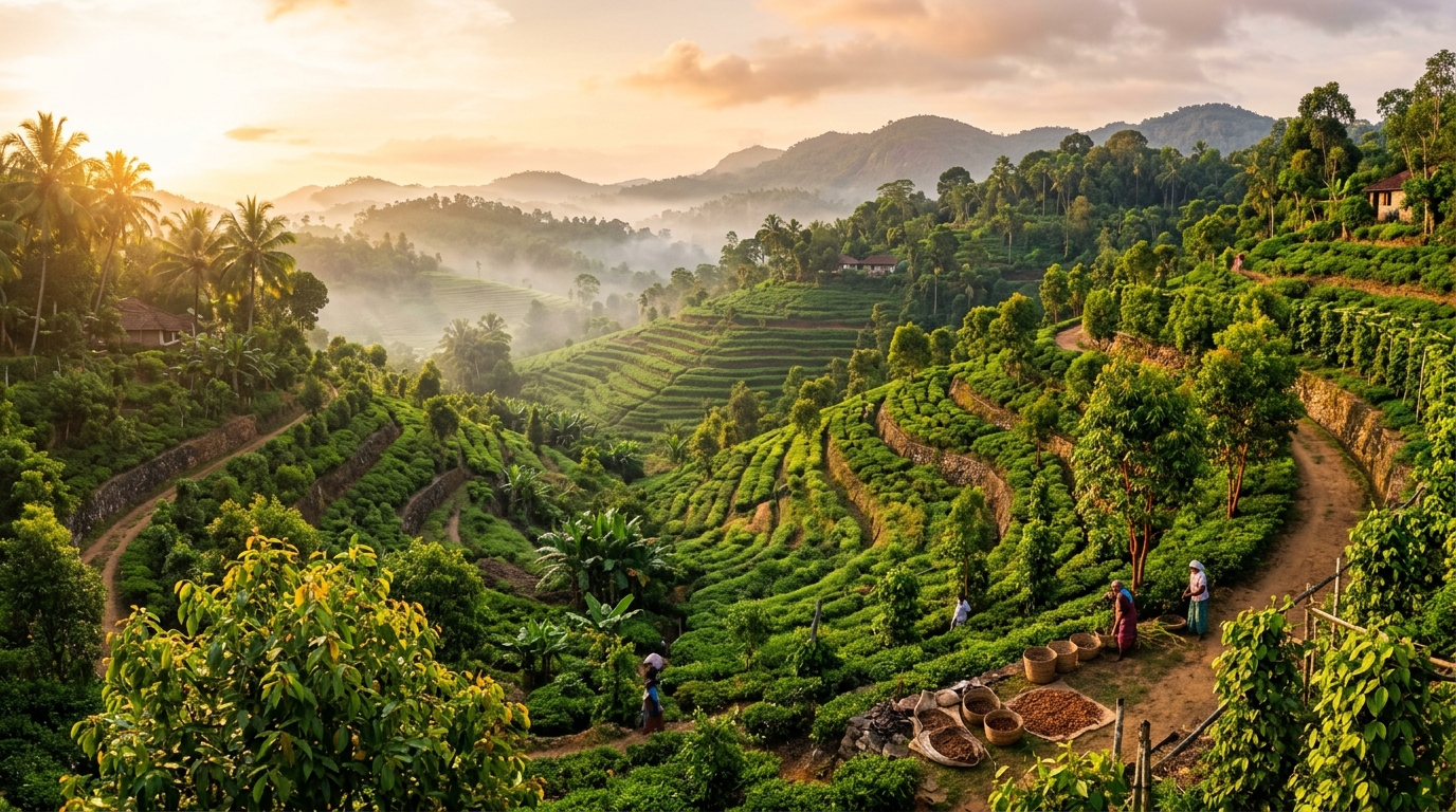 Panoramic Southern Sri Lankan organic spice and herbal plantation at sunrise