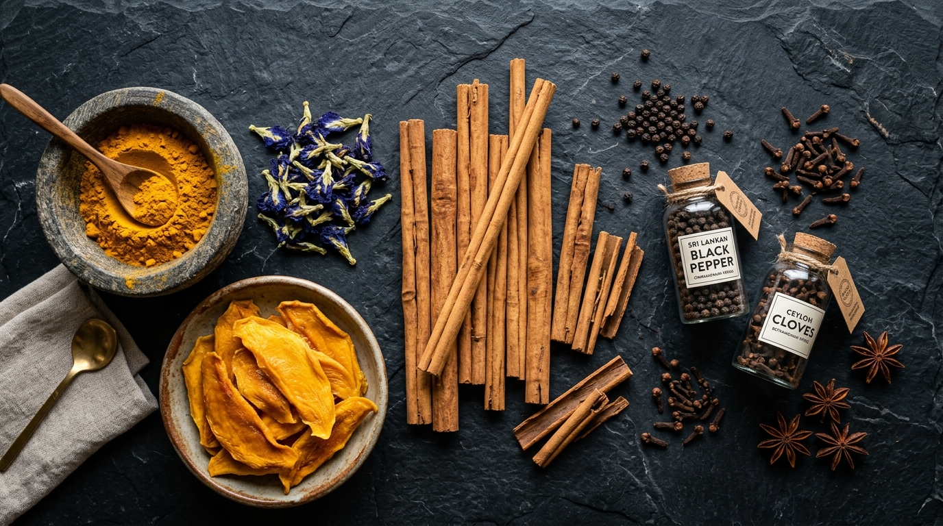 Pasanka Ceylon organic harvest flat lay - cinnamon, turmeric, herbs and dried fruits